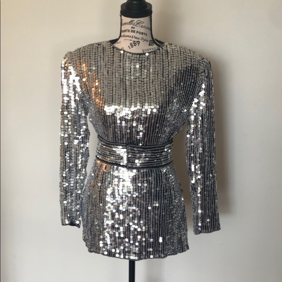 SOLD🥂Vintage Oleg Cassini Sequin Silk Top - Picture 2 of 8